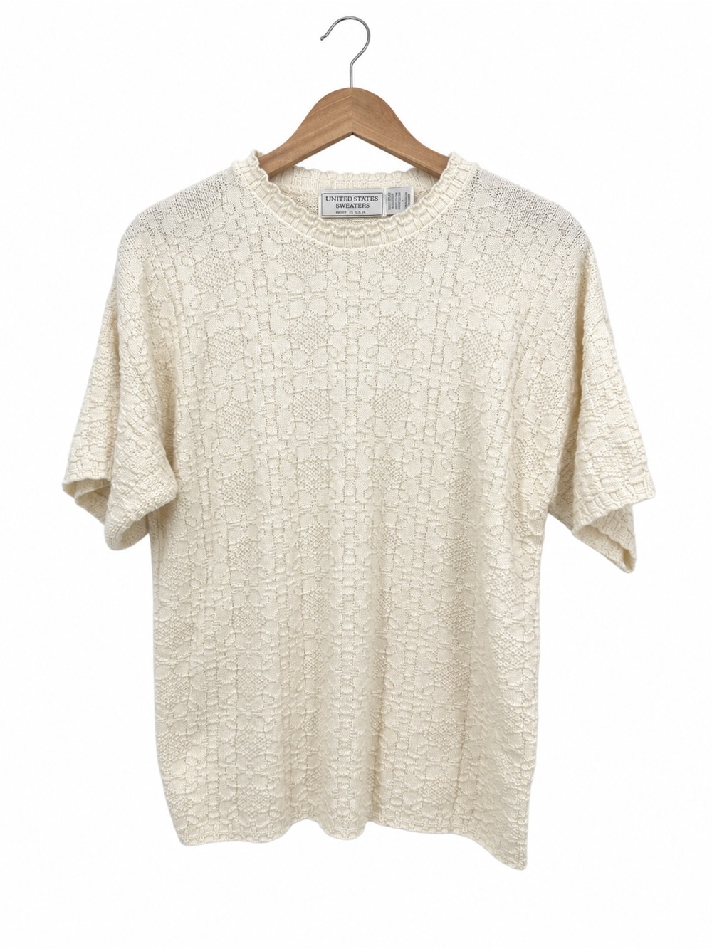 Vintage United States Sweaters Ivory Cotton Textured Knit Top Size L Made USA